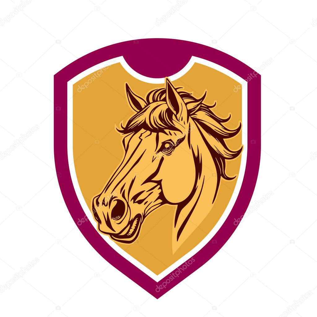 Horse Head Logo - Elegant Shield Vector Art. Equestrian Shield Design - Horsepower Emblem. Stallion Shield Badge - Powerful Equine Symbol.