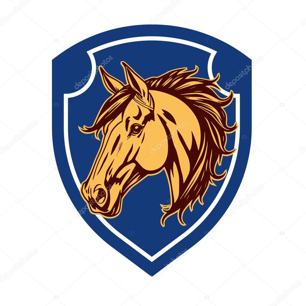 Horse Head Logo - Elegant Shield Vector Art. Equestrian Shield Design - Horsepower Emblem. Stallion Shield Badge - Powerful Equine Symbol.