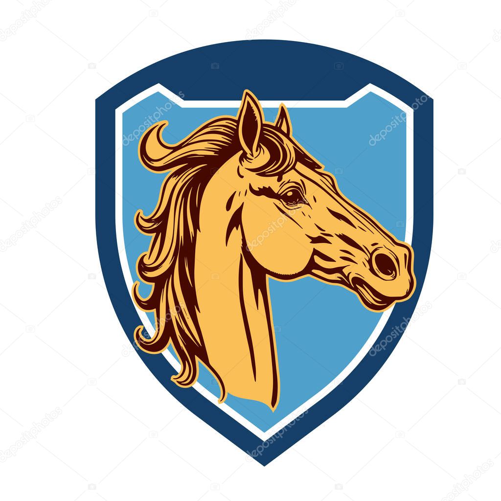Horse Head Logo - Elegant Shield Vector Art. Equestrian Shield Design - Horsepower Emblem. Stallion Shield Badge - Powerful Equine Symbol.