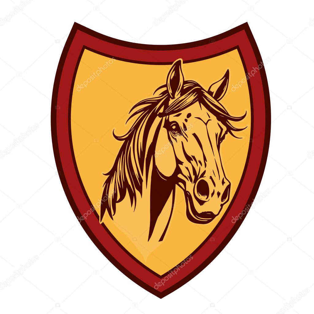 Horse Head Logo - Elegant Shield Vector Art. Equestrian Shield Design - Horsepower Emblem. Stallion Shield Badge - Powerful Equine Symbol.