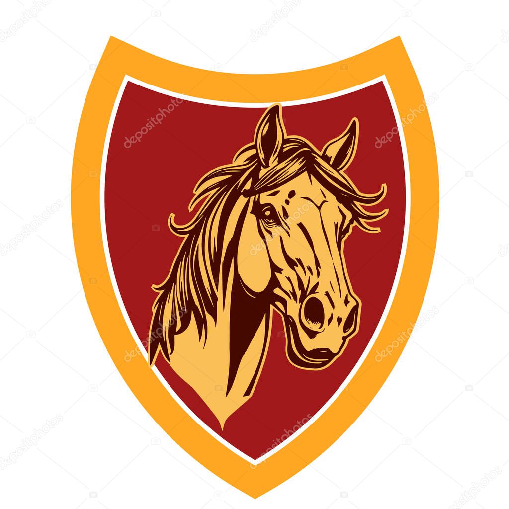 Horse Head Logo - Elegant Shield Vector Art. Equestrian Shield Design - Horsepower Emblem. Stallion Shield Badge - Powerful Equine Symbol.