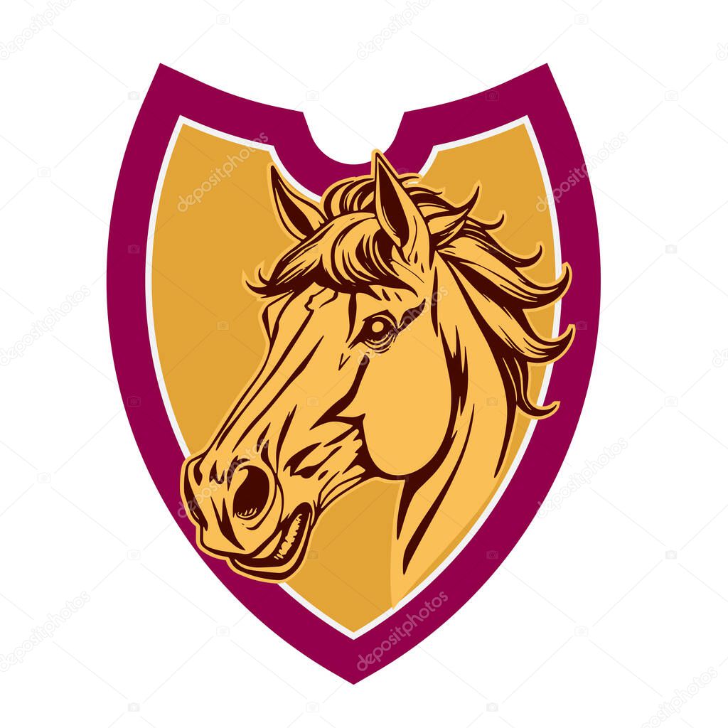 Horse Head Logo - Elegant Shield Vector Art. Equestrian Shield Design - Horsepower Emblem. Stallion Shield Badge - Powerful Equine Symbol.