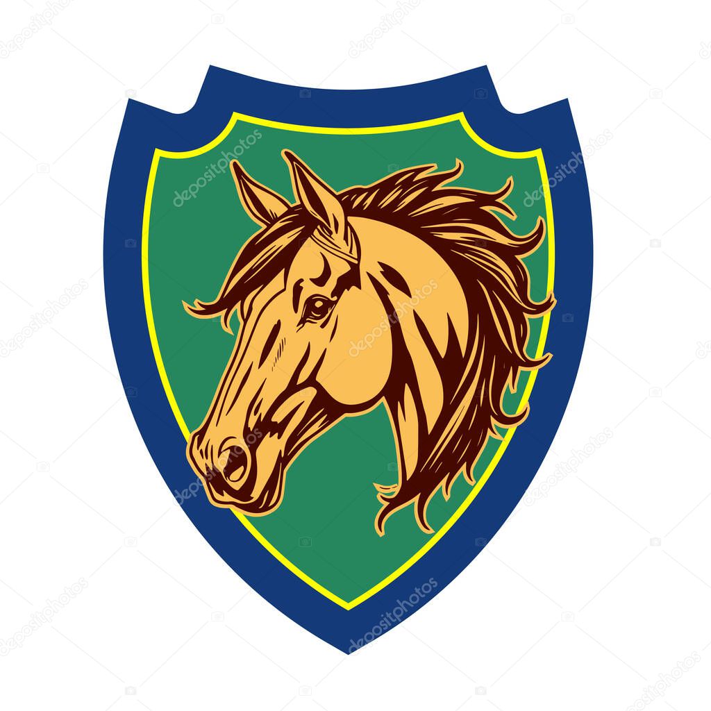 Horse Head Logo - Elegant Shield Vector Art. Equestrian Shield Design - Horsepower Emblem. Stallion Shield Badge - Powerful Equine Symbol.