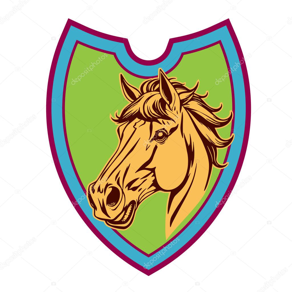 Horse Head Logo - Elegant Shield Vector Art. Equestrian Shield Design - Horsepower Emblem. Stallion Shield Badge - Powerful Equine Symbol.