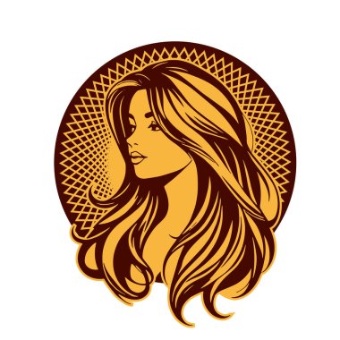 Zarif Kadın Amblemi - Tek Renkli Kuaför Logosu. Şık Kadın Silueti - Güzellik Markası Rozeti. Dalgalı Saçlı Kadın Tepesi Kuaför Maskotu.