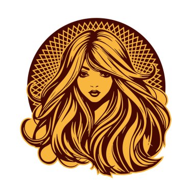 Zarif Kadın Amblemi - Tek Renkli Kuaför Logosu. Şık Kadın Silueti - Güzellik Markası Rozeti. Dalgalı Saçlı Kadın Tepesi Kuaför Maskotu.