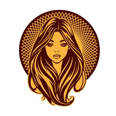 Zarif Kadın Amblemi - Tek Renkli Kuaför Logosu. Şık Kadın Silueti - Güzellik Markası Rozeti. Dalgalı Saçlı Kadın Tepesi Kuaför Maskotu.