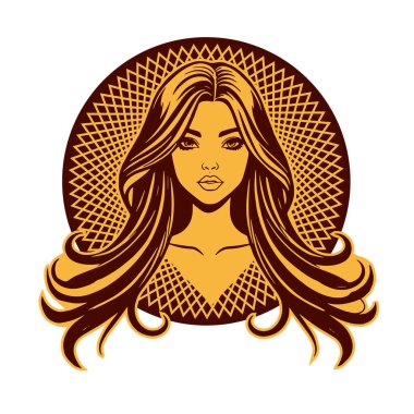 Zarif Kadın Amblemi - Tek Renkli Kuaför Logosu. Şık Kadın Silueti - Güzellik Markası Rozeti. Dalgalı Saçlı Kadın Tepesi Kuaför Maskotu.