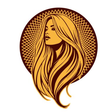 Zarif Kadın Amblemi - Tek Renkli Kuaför Logosu. Şık Kadın Silueti - Güzellik Markası Rozeti. Dalgalı Saçlı Kadın Tepesi Kuaför Maskotu.