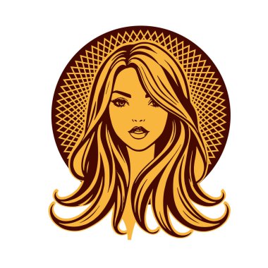 Zarif Kadın Amblemi - Tek Renkli Kuaför Logosu. Şık Kadın Silueti - Güzellik Markası Rozeti. Dalgalı Saçlı Kadın Tepesi Kuaför Maskotu.