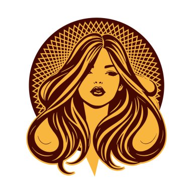 Zarif Kadın Amblemi - Tek Renkli Kuaför Logosu. Şık Kadın Silueti - Güzellik Markası Rozeti. Dalgalı Saçlı Kadın Tepesi Kuaför Maskotu.