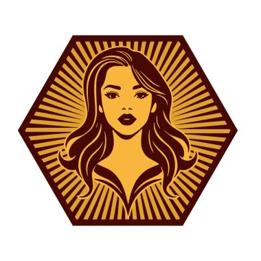 Zarif Kadın Amblemi - Tek Renkli Kuaför Logosu. Şık Kadın Silueti - Güzellik Markası Rozeti. Dalgalı Saçlı Kadın Tepesi Kuaför Maskotu.