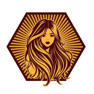 Zarif Kadın Amblemi - Tek Renkli Kuaför Logosu. Şık Kadın Silueti - Güzellik Markası Rozeti. Dalgalı Saçlı Kadın Tepesi Kuaför Maskotu.