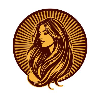 Lüks Kadın Amblemi - Salon ve Spa Logosu. Klasik Güzellik Rozeti - Monoline Saç Tasarımı. Kadınsı Saç Logosu - Dalgalı Kilitli Amblem.