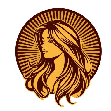 Lüks Kadın Amblemi - Salon ve Spa Logosu. Klasik Güzellik Rozeti - Monoline Saç Tasarımı. Kadınsı Saç Logosu - Dalgalı Kilitli Amblem.