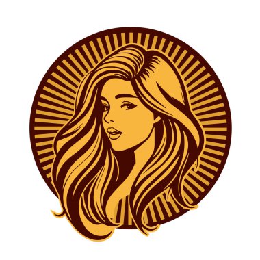 Lüks Kadın Amblemi - Salon ve Spa Logosu. Klasik Güzellik Rozeti - Monoline Saç Tasarımı. Kadınsı Saç Logosu - Dalgalı Kilitli Amblem.