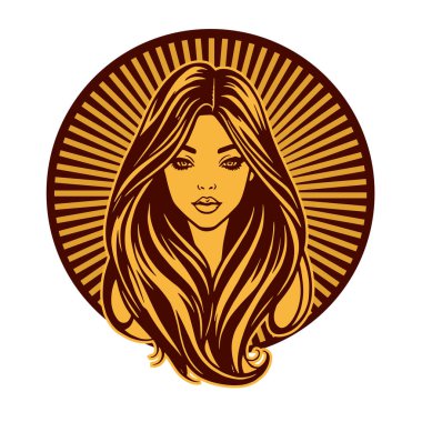 Lüks Kadın Amblemi - Salon ve Spa Logosu. Klasik Güzellik Rozeti - Monoline Saç Tasarımı. Kadınsı Saç Logosu - Dalgalı Kilitli Amblem.