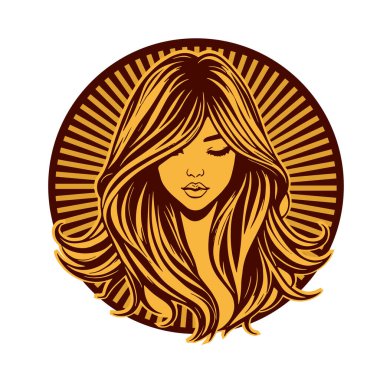 Lüks Kadın Amblemi - Salon ve Spa Logosu. Klasik Güzellik Rozeti - Monoline Saç Tasarımı. Kadınsı Saç Logosu - Dalgalı Kilitli Amblem.