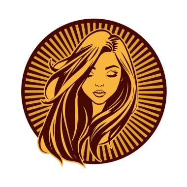 Lüks Kadın Amblemi - Salon ve Spa Logosu. Klasik Güzellik Rozeti - Monoline Saç Tasarımı. Kadınsı Saç Logosu - Dalgalı Kilitli Amblem.