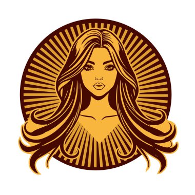 Lüks Kadın Amblemi - Salon ve Spa Logosu. Klasik Güzellik Rozeti - Monoline Saç Tasarımı. Kadınsı Saç Logosu - Dalgalı Kilitli Amblem.