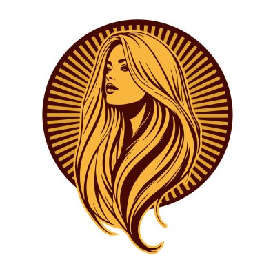 Lüks Kadın Amblemi - Salon ve Spa Logosu. Klasik Güzellik Rozeti - Monoline Saç Tasarımı. Kadınsı Saç Logosu - Dalgalı Kilitli Amblem.