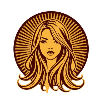 Lüks Kadın Amblemi - Salon ve Spa Logosu. Klasik Güzellik Rozeti - Monoline Saç Tasarımı. Kadınsı Saç Logosu - Dalgalı Kilitli Amblem.