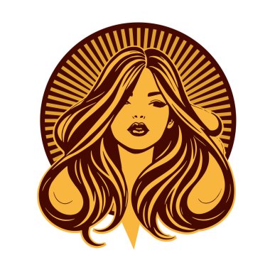 Lüks Kadın Amblemi - Salon ve Spa Logosu. Klasik Güzellik Rozeti - Monoline Saç Tasarımı. Kadınsı Saç Logosu - Dalgalı Kilitli Amblem.