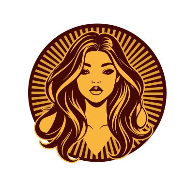 Lüks Kadın Amblemi - Salon ve Spa Logosu. Klasik Güzellik Rozeti - Monoline Saç Tasarımı. Kadınsı Saç Logosu - Dalgalı Kilitli Amblem.