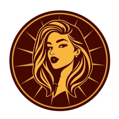 Lüks Kadın Amblemi - Salon ve Spa Logosu. Klasik Güzellik Rozeti - Monoline Saç Tasarımı. Kadınsı Saç Logosu - Dalgalı Kilitli Amblem.