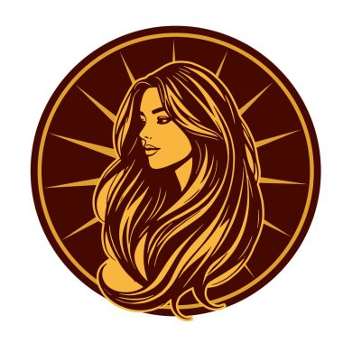 Zarif Kadın Amblemi - Tek Renkli Kuaför Logosu. Şık Kadın Silueti - Güzellik Markası Rozeti. Dalgalı Saçlı Kadın Tepesi Kuaför Maskotu.