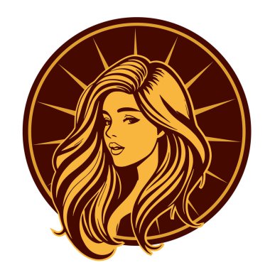 Zarif Kadın Amblemi - Tek Renkli Kuaför Logosu. Şık Kadın Silueti - Güzellik Markası Rozeti. Dalgalı Saçlı Kadın Tepesi Kuaför Maskotu.