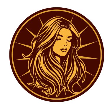Zarif Kadın Amblemi - Tek Renkli Kuaför Logosu. Şık Kadın Silueti - Güzellik Markası Rozeti. Dalgalı Saçlı Kadın Tepesi Kuaför Maskotu.
