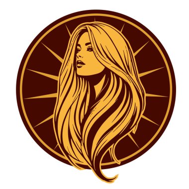 Zarif Kadın Amblemi - Tek Renkli Kuaför Logosu. Şık Kadın Silueti - Güzellik Markası Rozeti. Dalgalı Saçlı Kadın Tepesi Kuaför Maskotu.