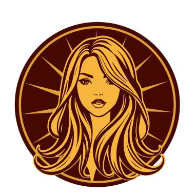 Zarif Kadın Amblemi - Tek Renkli Kuaför Logosu. Şık Kadın Silueti - Güzellik Markası Rozeti. Dalgalı Saçlı Kadın Tepesi Kuaför Maskotu.