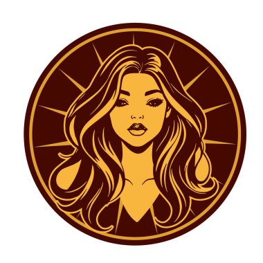 Zarif Kadın Amblemi - Tek Renkli Kuaför Logosu. Şık Kadın Silueti - Güzellik Markası Rozeti. Dalgalı Saçlı Kadın Tepesi Kuaför Maskotu.