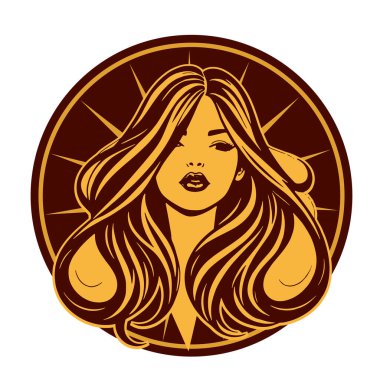 Zarif Kadın Amblemi - Tek Renkli Kuaför Logosu. Şık Kadın Silueti - Güzellik Markası Rozeti. Dalgalı Saçlı Kadın Tepesi Kuaför Maskotu.