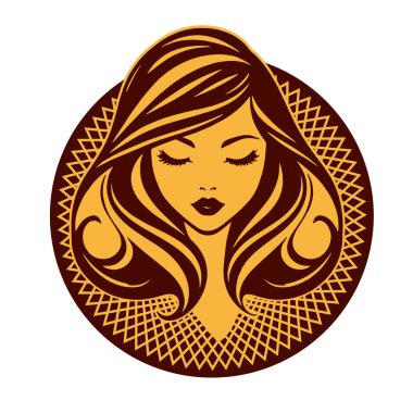 Zarif Kadın Amblemi - Tek Renkli Kuaför Logosu. Şık Kadın Silueti - Güzellik Markası Rozeti. Dalgalı Saçlı Kadın Tepesi Kuaför Maskotu.