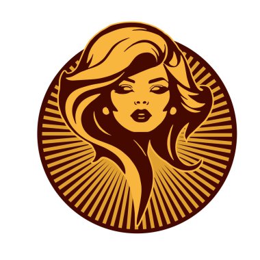 Lüks Kadın Amblemi - Salon ve Spa Logosu. Klasik Güzellik Rozeti - Monoline Saç Tasarımı. Kadınsı Saç Logosu - Dalgalı Kilitli Amblem.