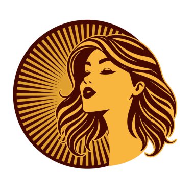Lüks Kadın Amblemi - Salon ve Spa Logosu. Klasik Güzellik Rozeti - Monoline Saç Tasarımı. Kadınsı Saç Logosu - Dalgalı Kilitli Amblem.