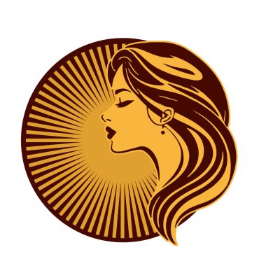 Lüks Kadın Amblemi - Salon ve Spa Logosu. Klasik Güzellik Rozeti - Monoline Saç Tasarımı. Kadınsı Saç Logosu - Dalgalı Kilitli Amblem.