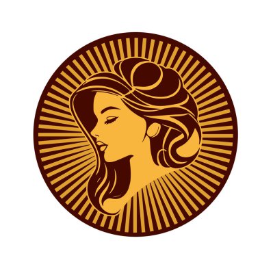 Lüks Kadın Amblemi - Salon ve Spa Logosu. Klasik Güzellik Rozeti - Monoline Saç Tasarımı. Kadınsı Saç Logosu - Dalgalı Kilitli Amblem.