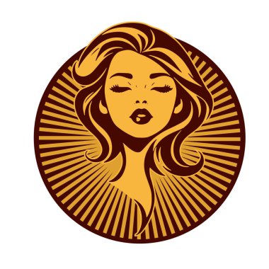 Lüks Kadın Amblemi - Salon ve Spa Logosu. Klasik Güzellik Rozeti - Monoline Saç Tasarımı. Kadınsı Saç Logosu - Dalgalı Kilitli Amblem.