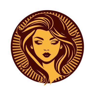 Lüks Kadın Amblemi - Salon ve Spa Logosu. Klasik Güzellik Rozeti - Monoline Saç Tasarımı. Kadınsı Saç Logosu - Dalgalı Kilitli Amblem.