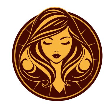 Lüks Kadın Amblemi - Salon ve Spa Logosu. Klasik Güzellik Rozeti - Monoline Saç Tasarımı. Kadınsı Saç Logosu - Dalgalı Kilitli Amblem.