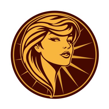 Zarif Kadın Amblemi - Tek Renkli Kuaför Logosu. Şık Kadın Silueti - Güzellik Markası Rozeti. Dalgalı Saçlı Kadın Tepesi Kuaför Maskotu.
