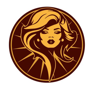 Zarif Kadın Amblemi - Tek Renkli Kuaför Logosu. Şık Kadın Silueti - Güzellik Markası Rozeti. Dalgalı Saçlı Kadın Tepesi Kuaför Maskotu.