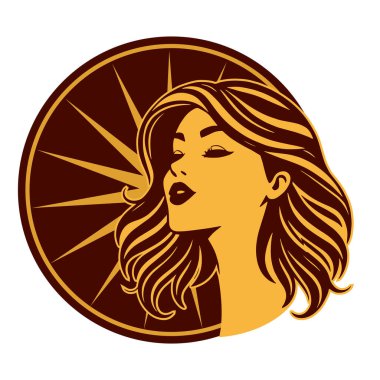 Zarif Kadın Amblemi - Tek Renkli Kuaför Logosu. Şık Kadın Silueti - Güzellik Markası Rozeti. Dalgalı Saçlı Kadın Tepesi Kuaför Maskotu.