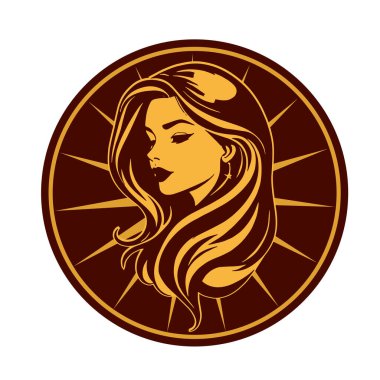 Zarif Kadın Amblemi - Tek Renkli Kuaför Logosu. Şık Kadın Silueti - Güzellik Markası Rozeti. Dalgalı Saçlı Kadın Tepesi Kuaför Maskotu.