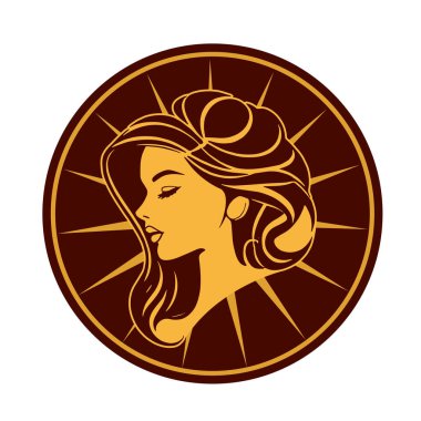 Zarif Kadın Amblemi - Tek Renkli Kuaför Logosu. Şık Kadın Silueti - Güzellik Markası Rozeti. Dalgalı Saçlı Kadın Tepesi Kuaför Maskotu.