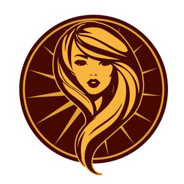 Zarif Kadın Amblemi - Tek Renkli Kuaför Logosu. Şık Kadın Silueti - Güzellik Markası Rozeti. Dalgalı Saçlı Kadın Tepesi Kuaför Maskotu.
